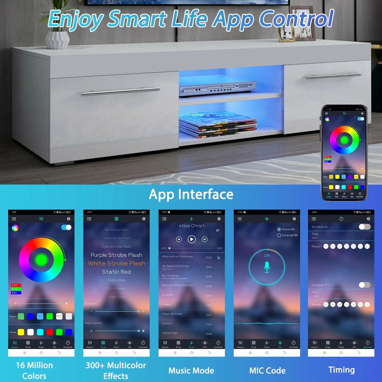 Modern TV Stand for 59 Inch TVs High Gloss LED Lights Entertainment Center