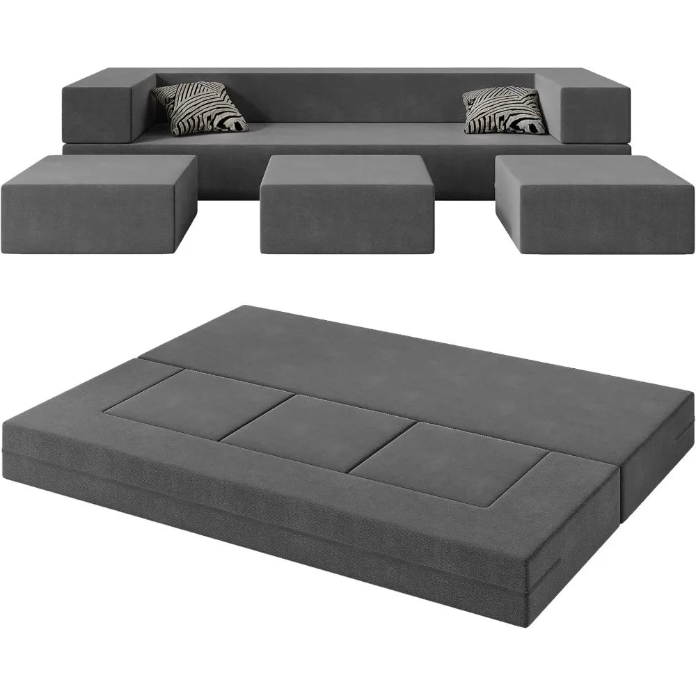 Modular Foam Floor Sofa Bed 80" Convertible Futon w/ 3 Ottomans & Washable Cover