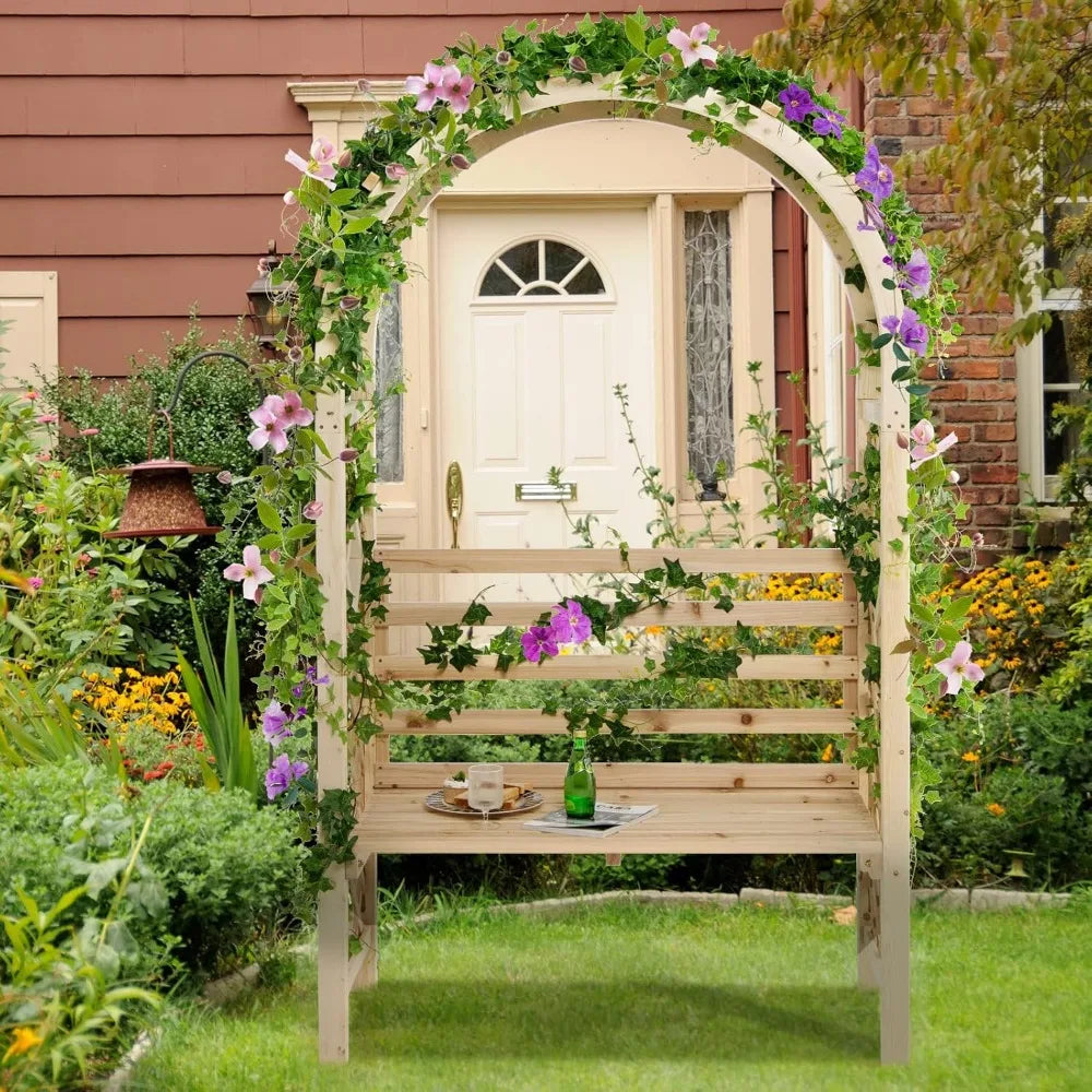 Ljustra 81.5 Inch Wooden Garden Arch with 2 Person Bench Outdoor Decor