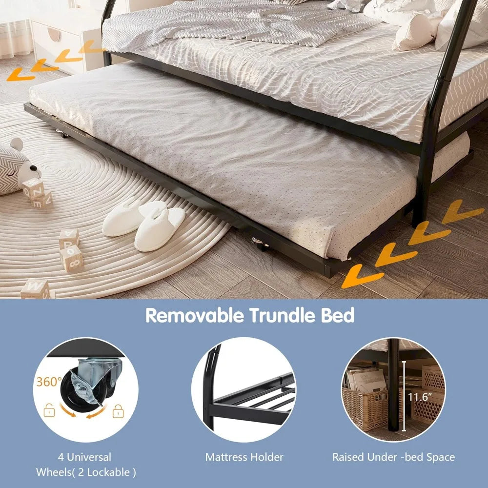 Space Saving Twin Over Full Bunk Bed with Ladders Trundle Guardrails