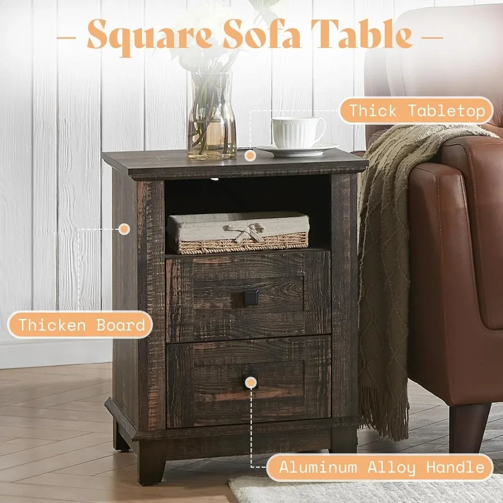 18 Farmhouse End Table Nightstand with Charging Station and 2 Drawers
