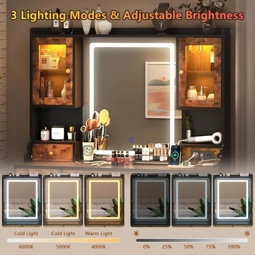 Vanity Desk with Mirror RGB Cabinet and Power Outlet for Makeup