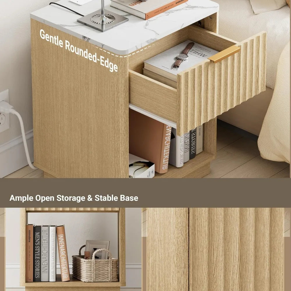 Fluted Nightstand Set of 2 with Charging Station and Faux Stone Top