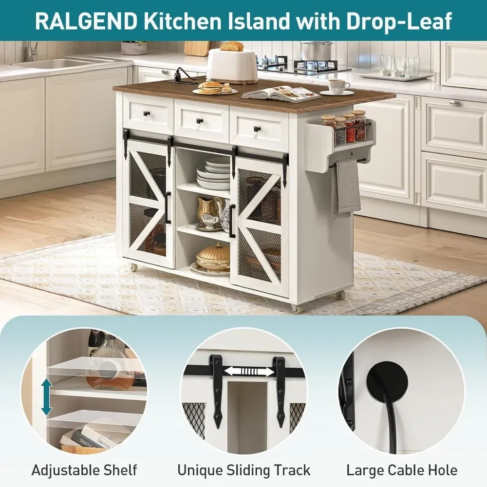 Kitchen Island with Storage Charging Station Rolling Table Drop-Leaf