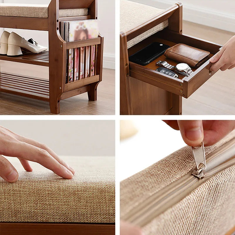 2-Tier Bamboo Shoe Bench with Removable Cushion Storage Organizer