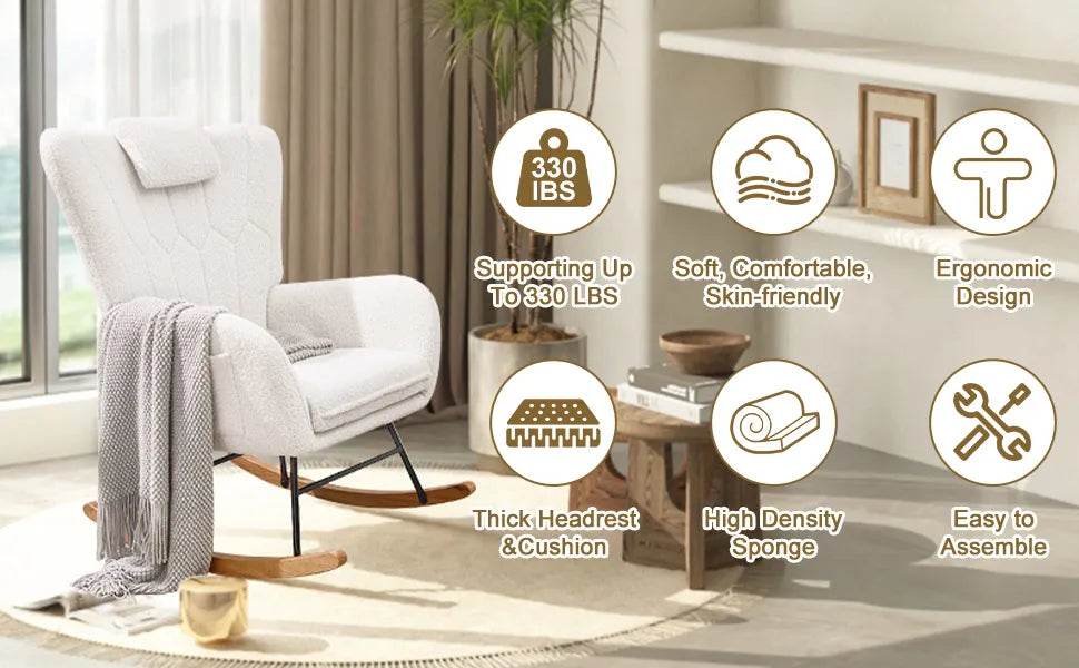 Rocking Chair Nursery Upholstered Glider Armchair High Backrest Padded Seat