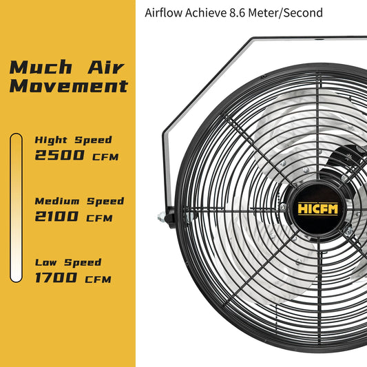 Ljustra 2500 CFM 12 Inch Industrial Wall Mount Fan High Velocity 3 Speed