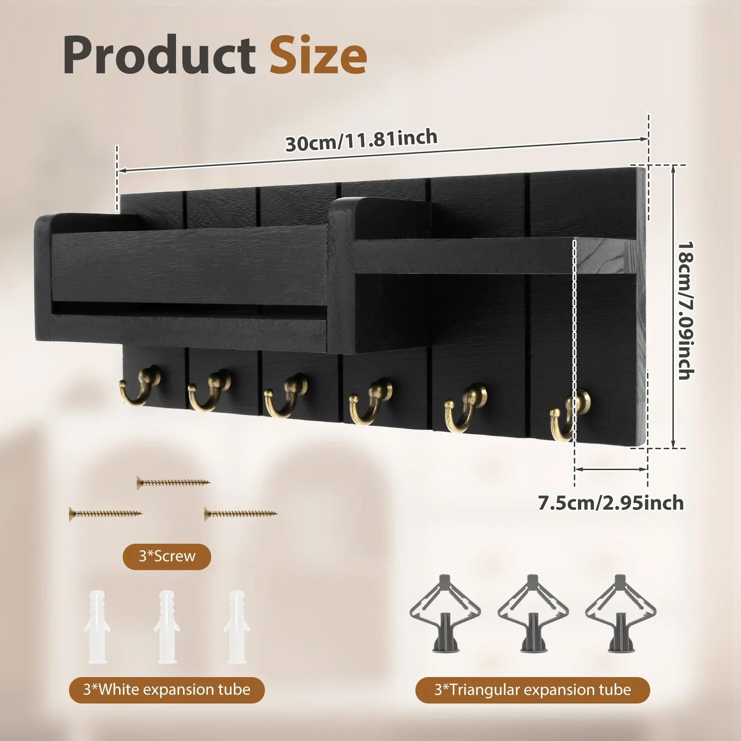 Wall Mounted Mail Organizer Key Holder with Shelf Hooks for Entryway