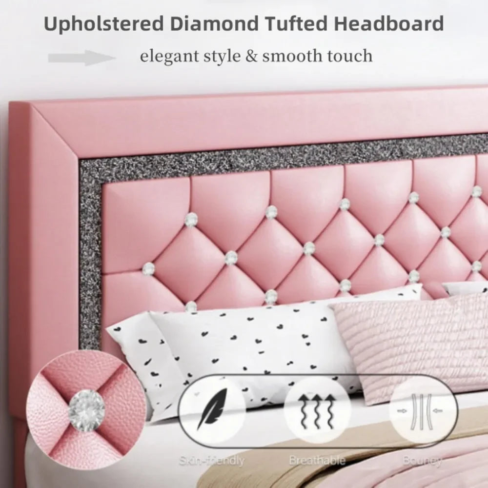 Upholstered Platform Bed Frame with Tufted Headboard and Storage