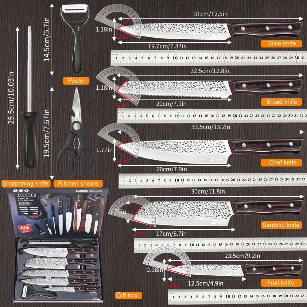 8pcs Chef Knife Set Hammer Pattern Sharp Blade Meat Salmon Slicing Knives