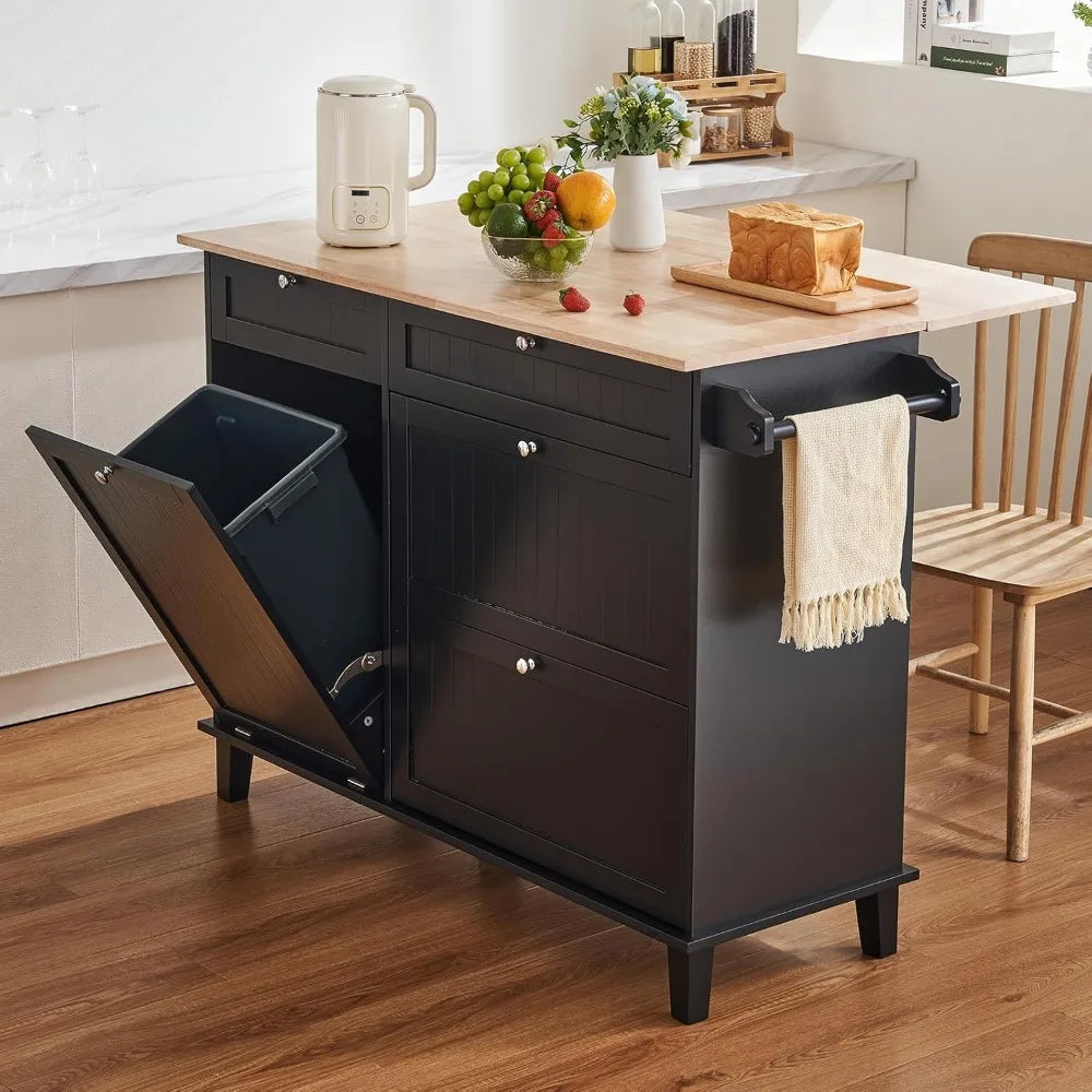 Kitchen Island Cart Wood Top Breakfast Bar with Trash Cabinet Storage