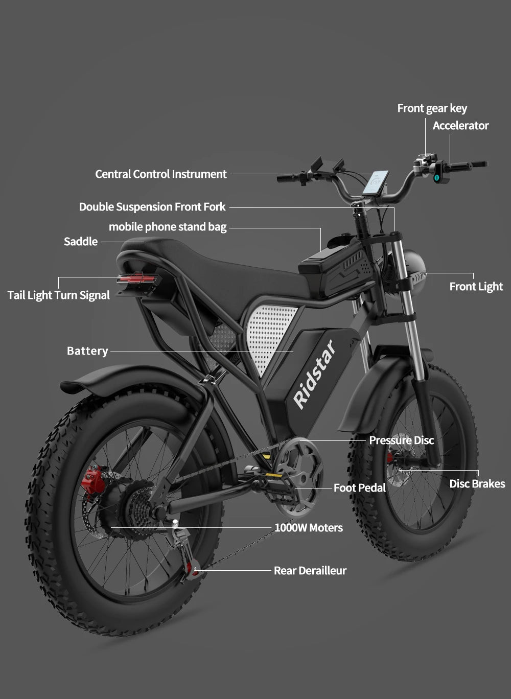 Electric Bike 1000W Motor 48V 15AH Battery All-terrain Fat Tire E-Bike