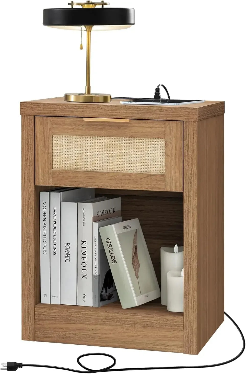 Nightstand Set of 2 Rattan Bedside Table with Charging Station