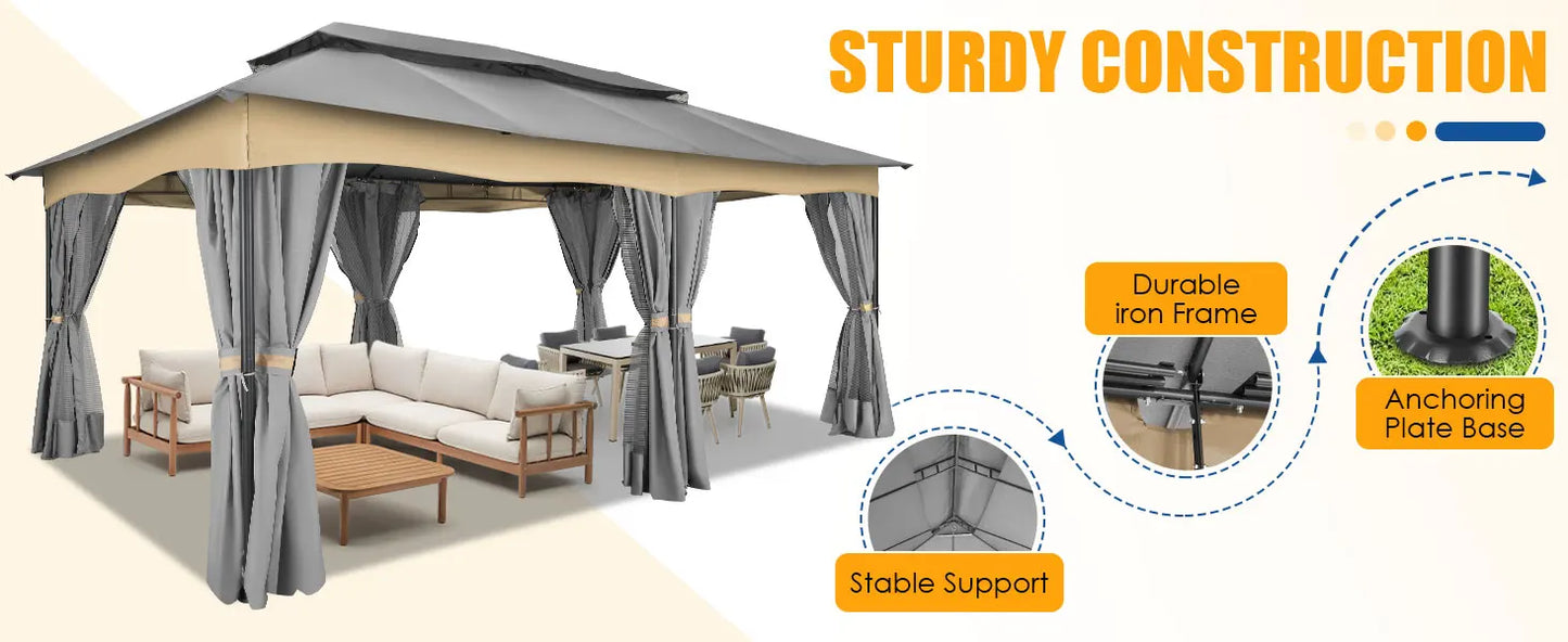 12x20 Outdoor Gazebo with Privacy Curtains Mosquito Netting Metal Frame