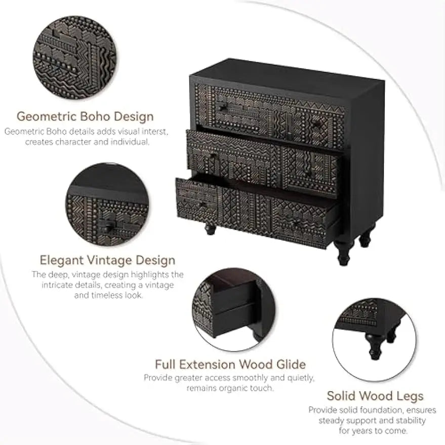 3 Drawer Farmhouse Dresser Geometric Carved Pattern Vintage Accent Chest