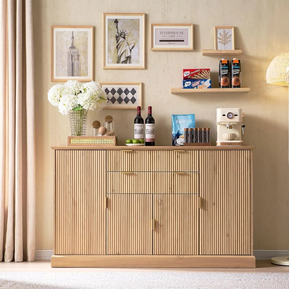 58 Inch Fluted Sideboard Cabinet Buffet Storage Rustic Wood Design