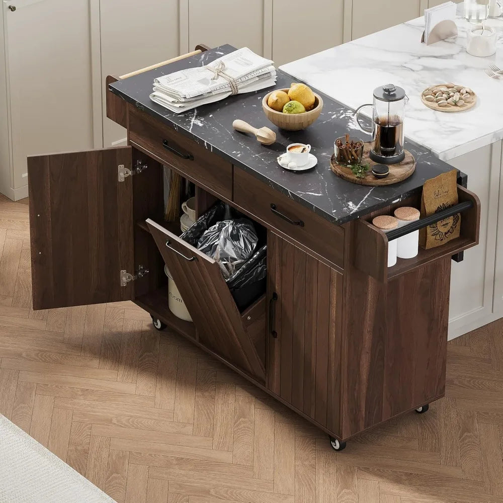 Rolling Kitchen Island on Wheels with Hidden Trash Can Storage
