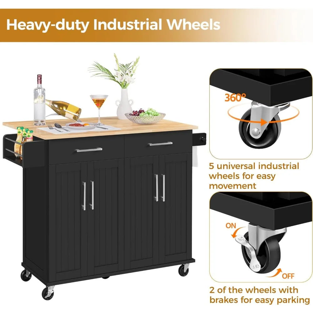 Rolling Kitchen Island Cart 49" on Wheels with Storage Cabinet Drawers
