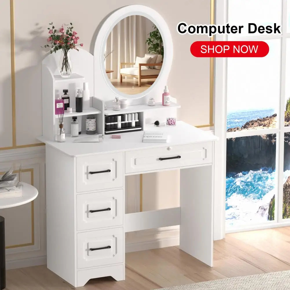 Makeup Desk with Mirror Large Vanity Table Storage 4 Drawers Light