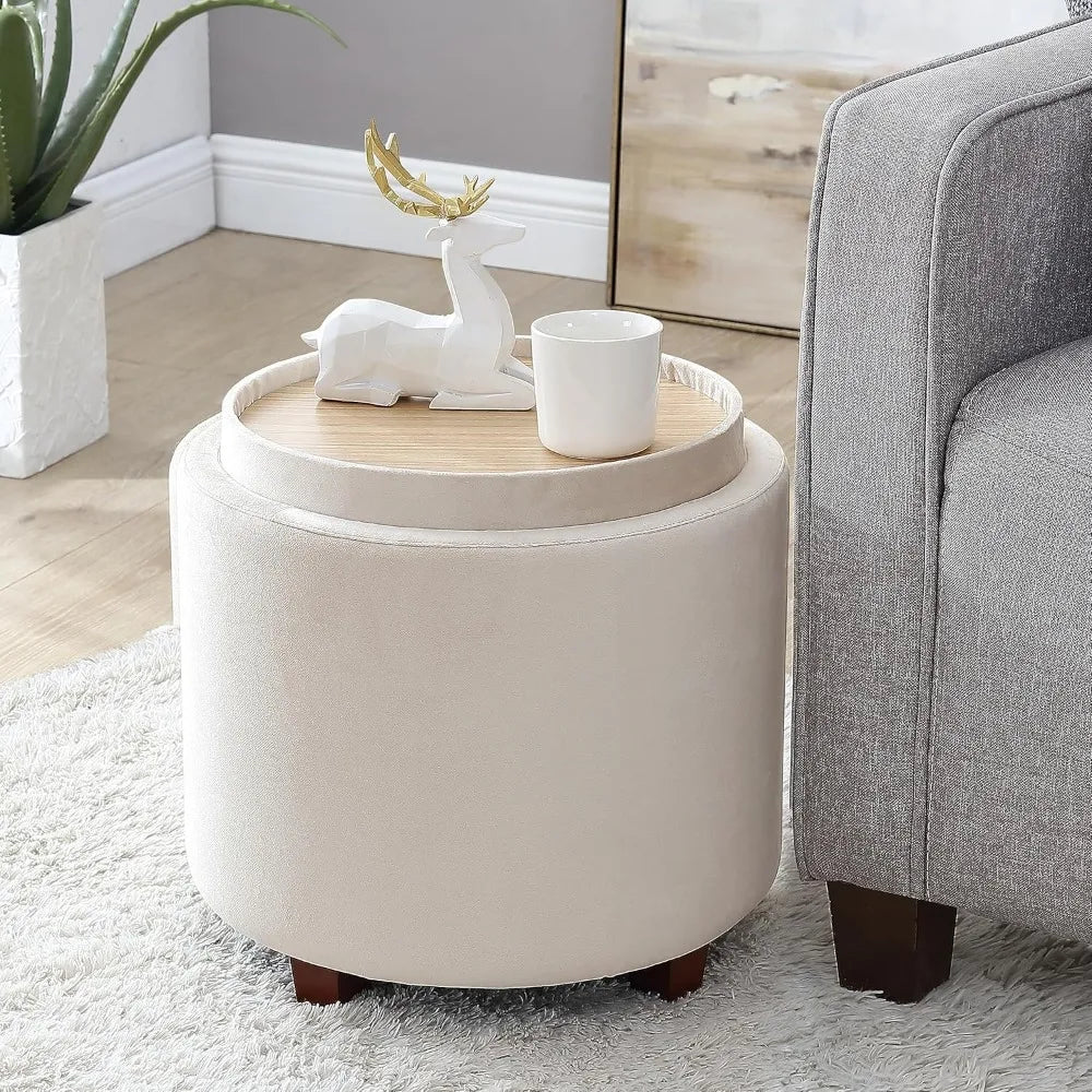 Lawrence Round Storage Ottoman Lift Off Lid Tray Coffee Table Living Room