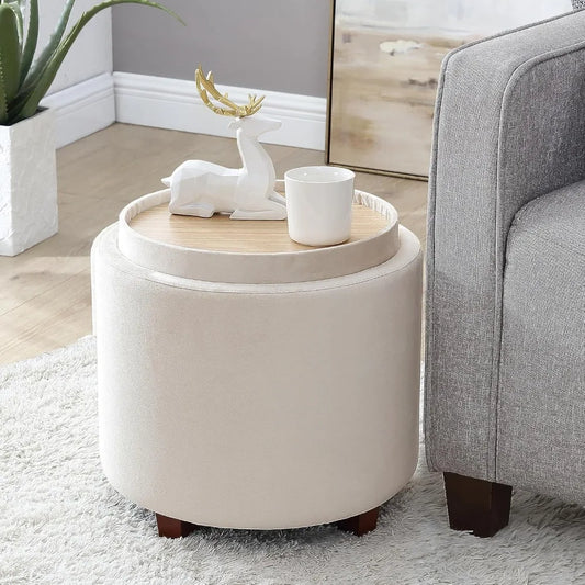 Lawrence Round Storage Ottoman Lift Off Lid Tray Coffee Table Living Room