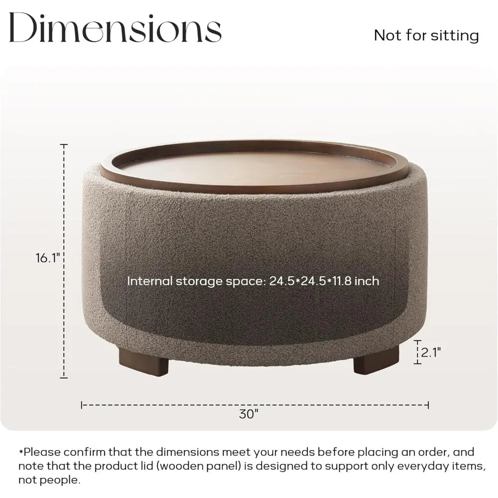 30 Inch Round Storage Ottoman Coffee Table Modern Boucle Lift-Off Lid