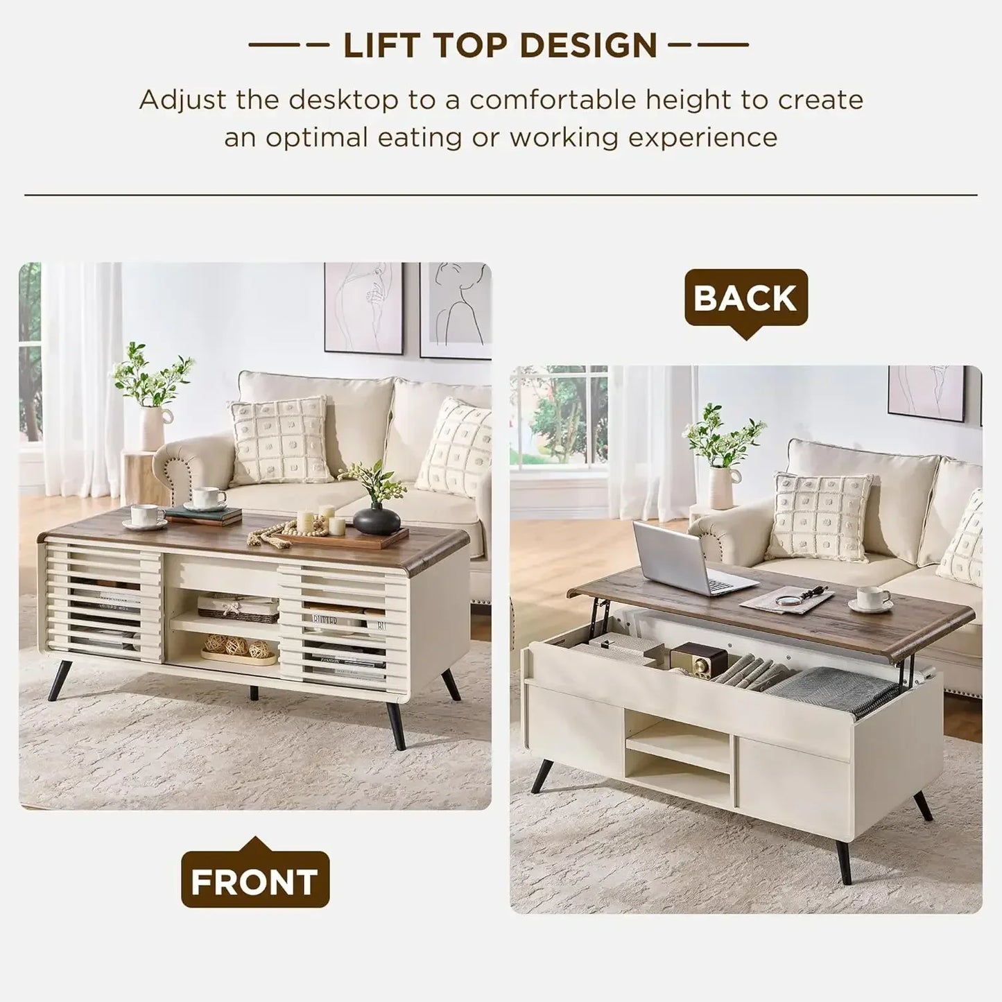 48 Inch Lift Top Coffee Table Mid Century Modern Hidden Storage Compartment