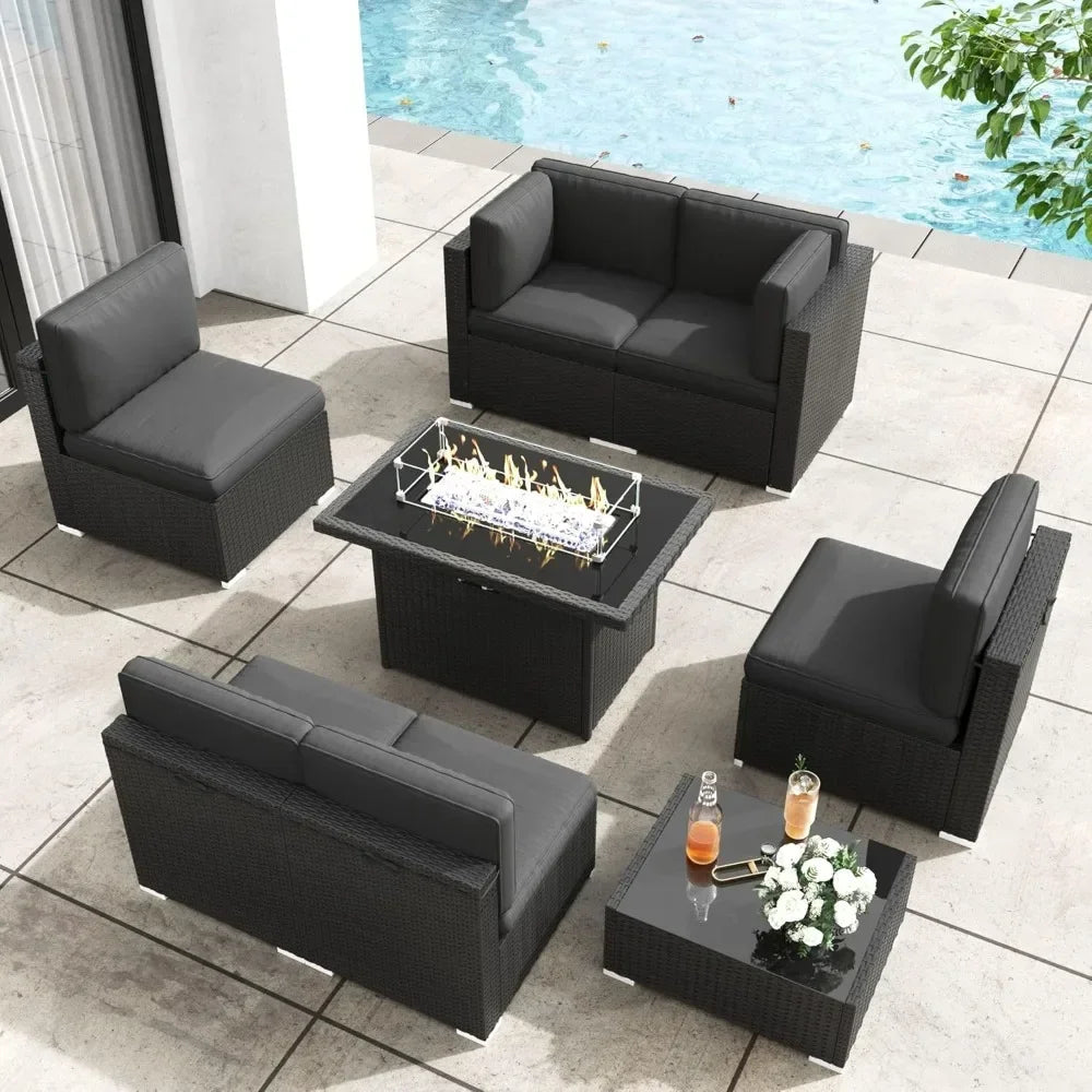 Patio Furniture Set with Fire Pit 8 Pieces Outdoor Wicker Sofa Set