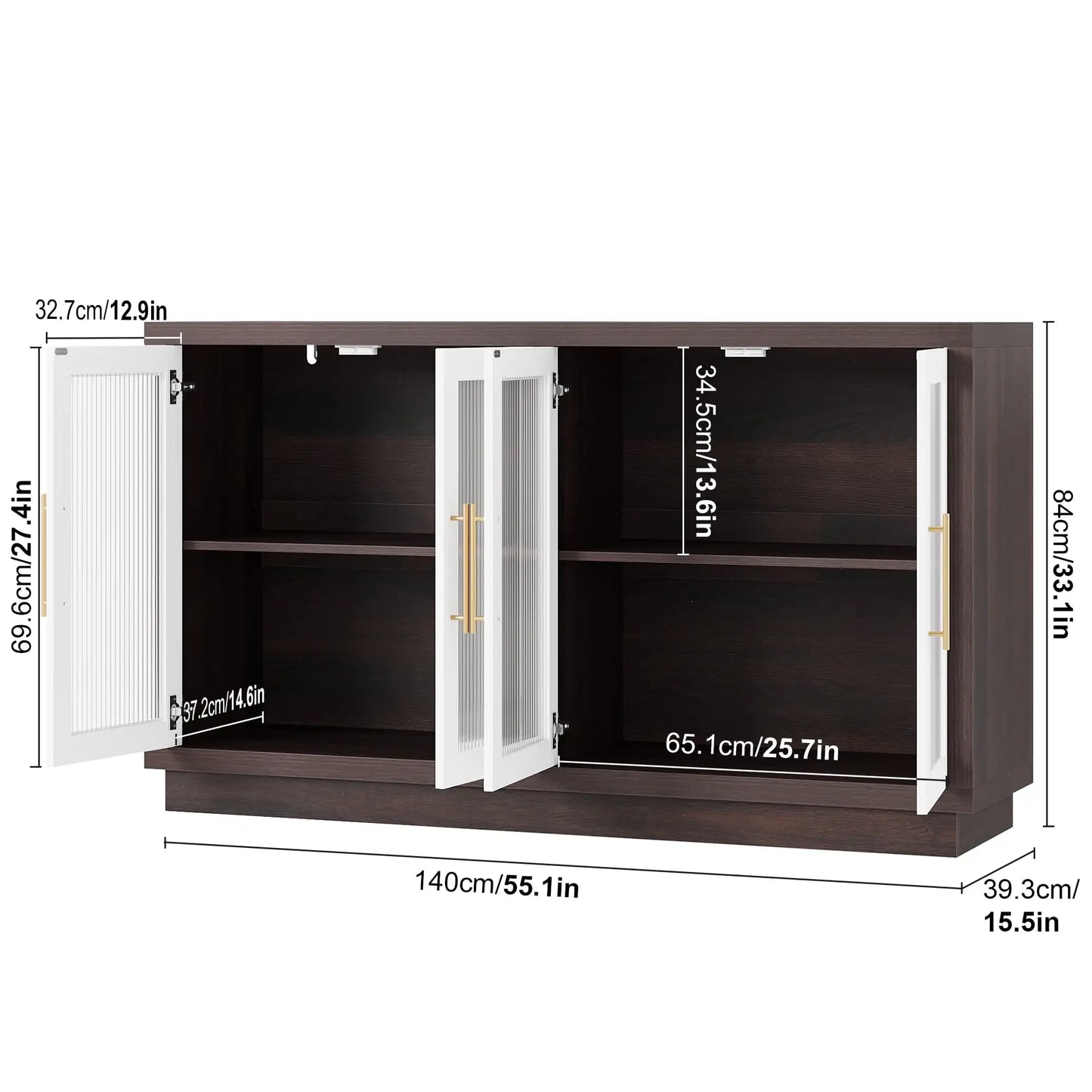 55.1" Modern Sideboard Buffet Fluted Glass Doors Accent Cabinet TV Stand