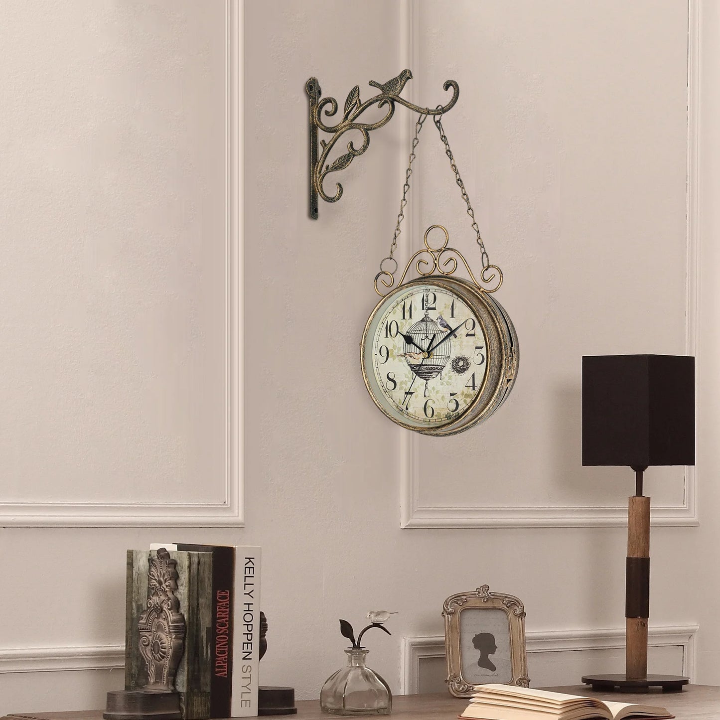 Double Sided Iron Wall Clock Vintage Round Design for Living Room Decor