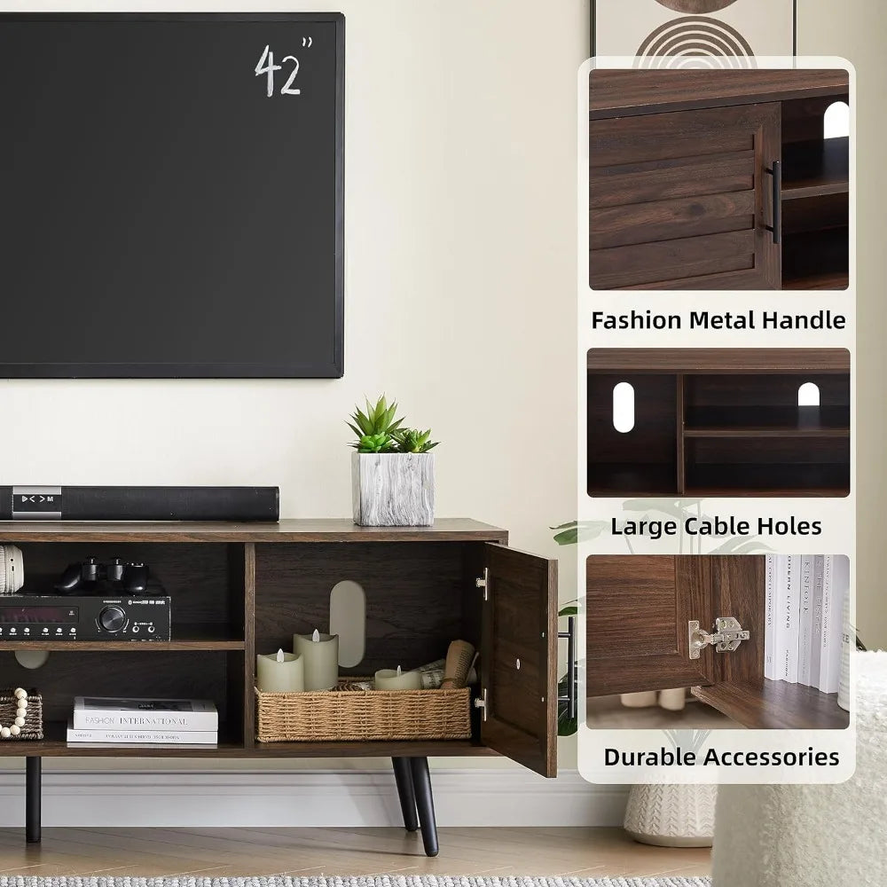 65 Inch Mid Century Modern TV Stand Wood Storage Cabinet for Living Room