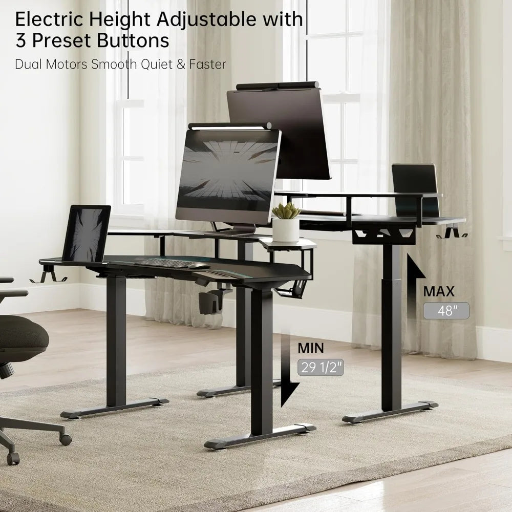 Gaming Desk Adjustable Height Standing Desk 63 Inch Wing Shaped Workstation