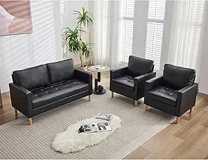 57 Inch Black Faux Leather Sofa Loveseat Mid Century Modern Style
