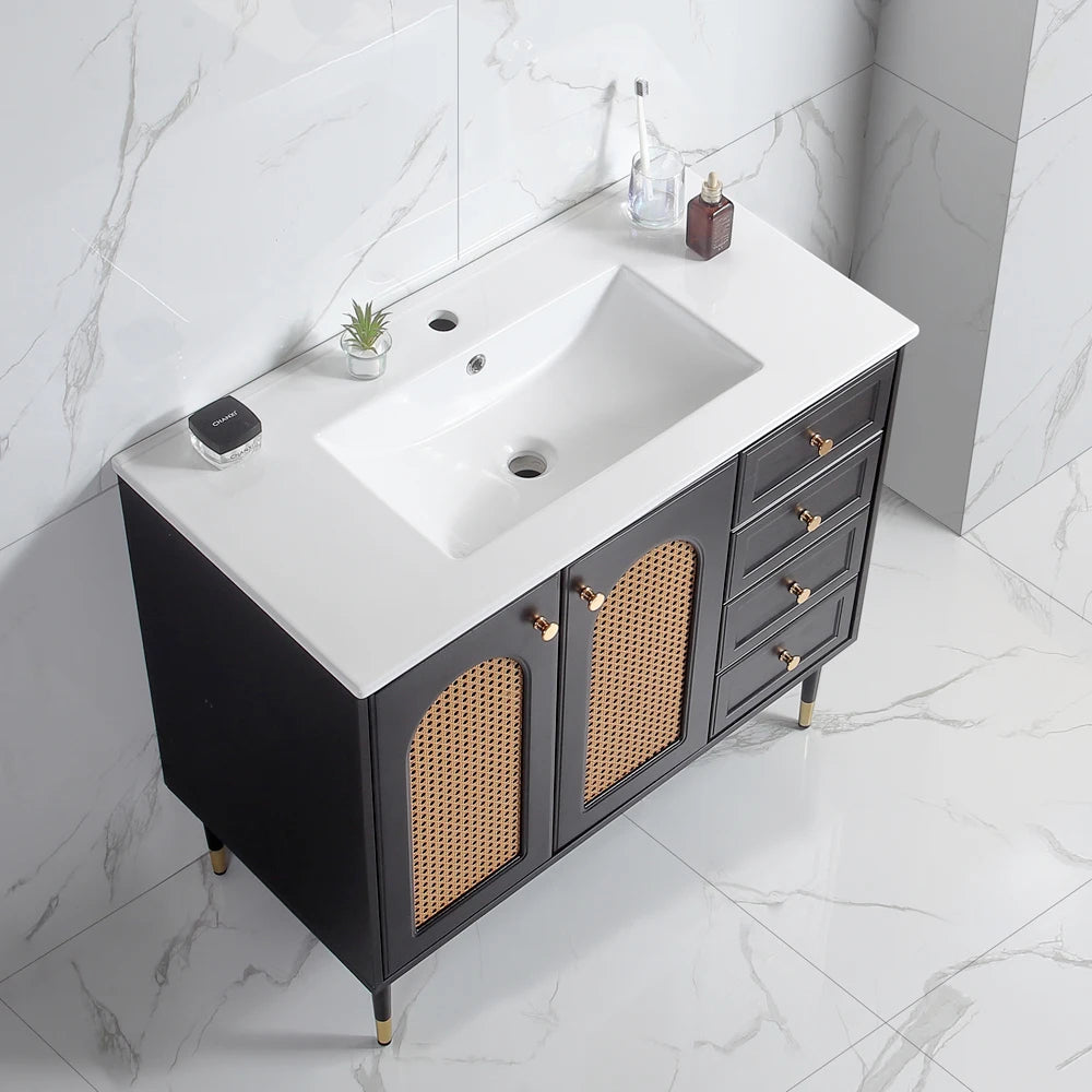 36 Inch Bathroom Vanity with Ceramic Basin Rattan Storage Cabinet