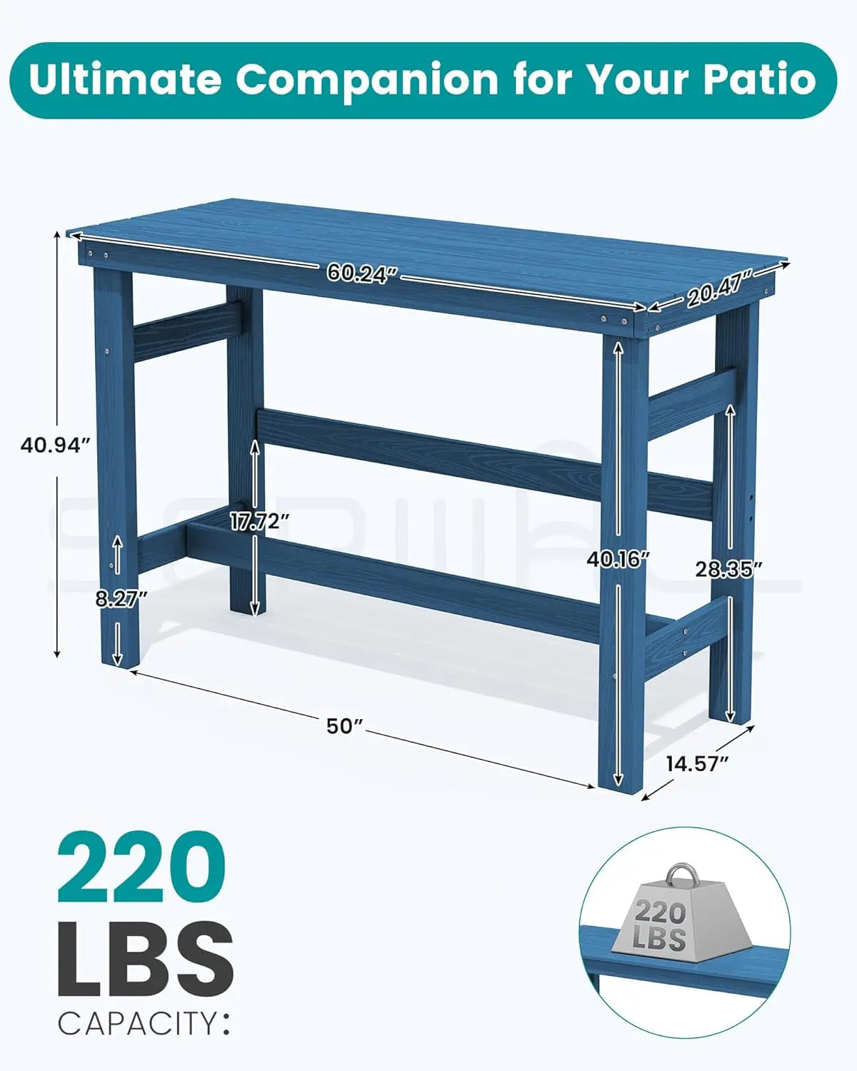 Outdoor Bar Table HDPE Patio Counter Height Rectangle Table for Garden