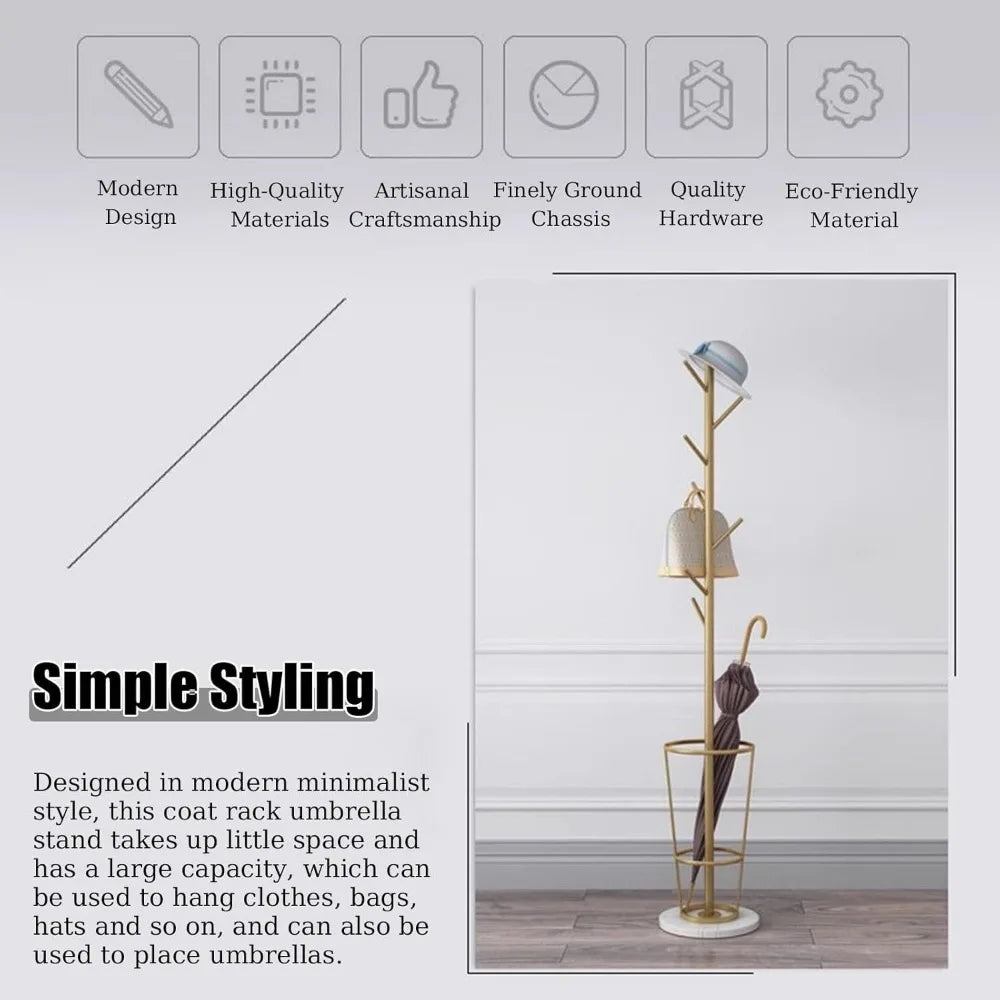 Freestanding Iron Umbrella Stand Coat Rack with Marble Base 7 Hooks