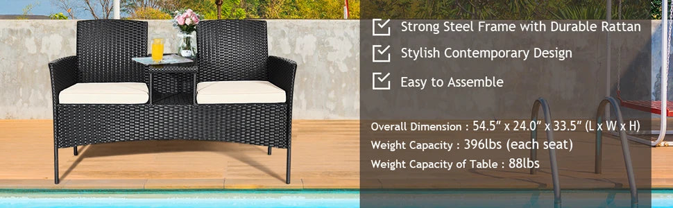 Garden Conversation Furniture Set Modern Rattan Bench with Cushions