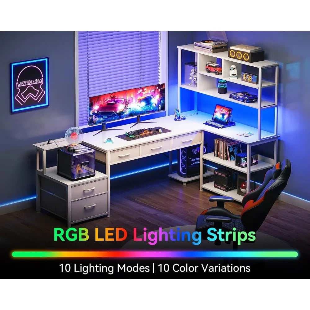 L Shaped Desk 79 Inch with LED Lights Power Outlets and File Drawers