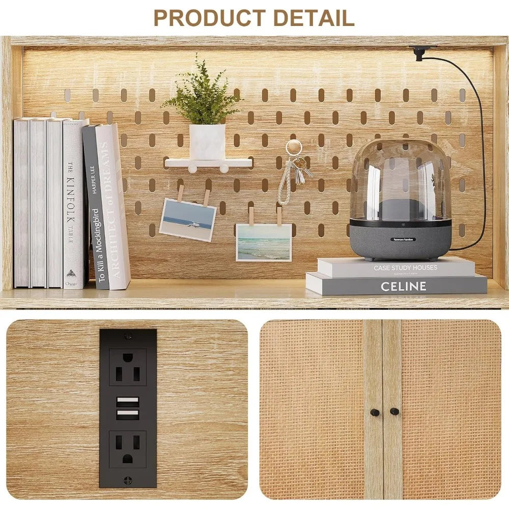 Rattan Kitchen Pantry Storage Cabinet with LED Lights and Power Outlets