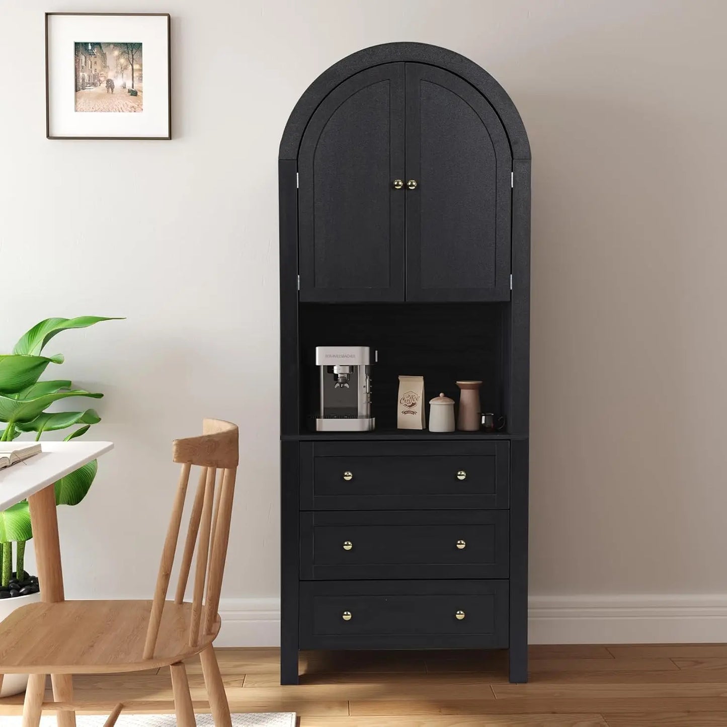 71 Inch Tall Arched Kitchen Pantry Cabinet with Microwave Shelf Storage