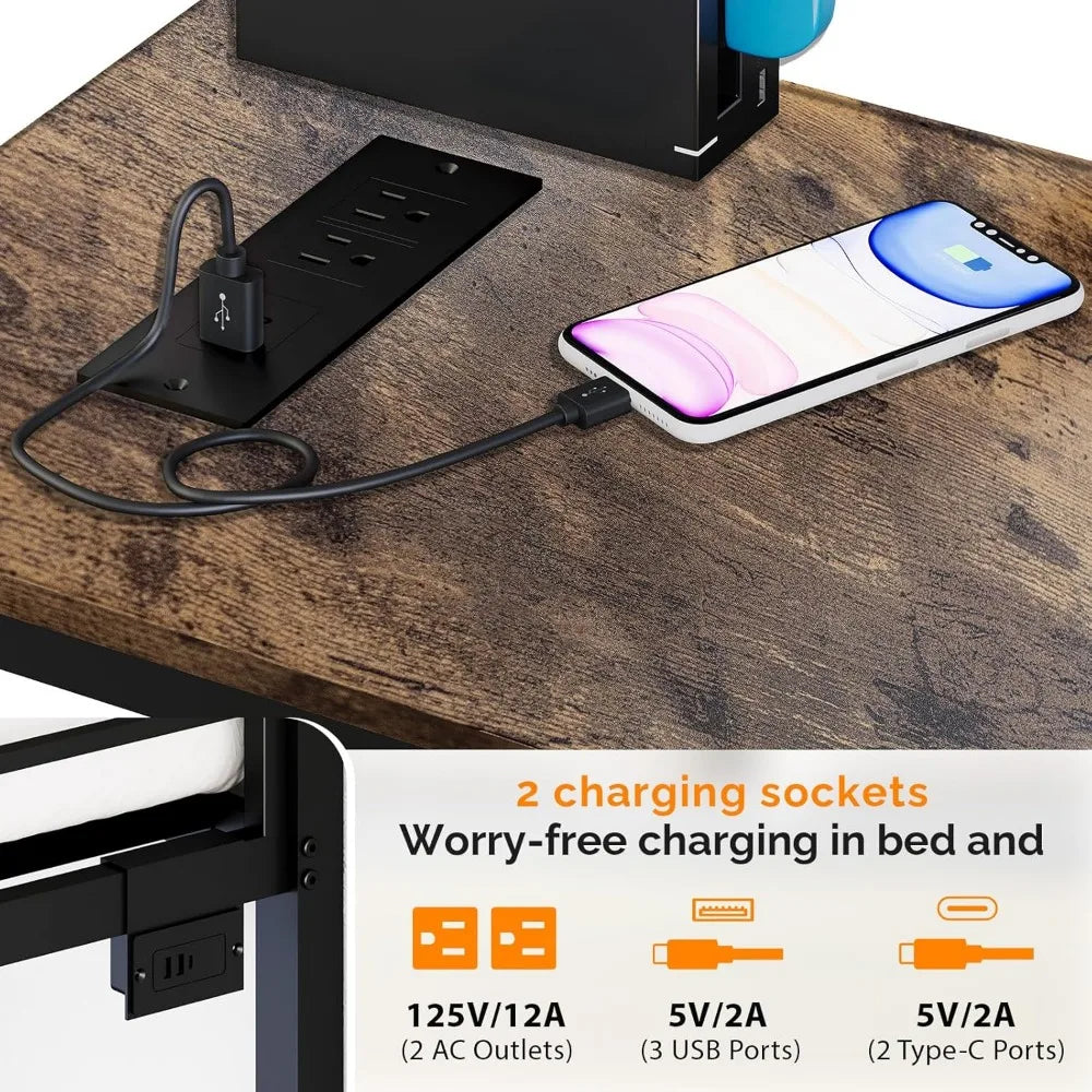 Ljustra Twin Metal Loft Bed Frame with Desk and Charging Stations