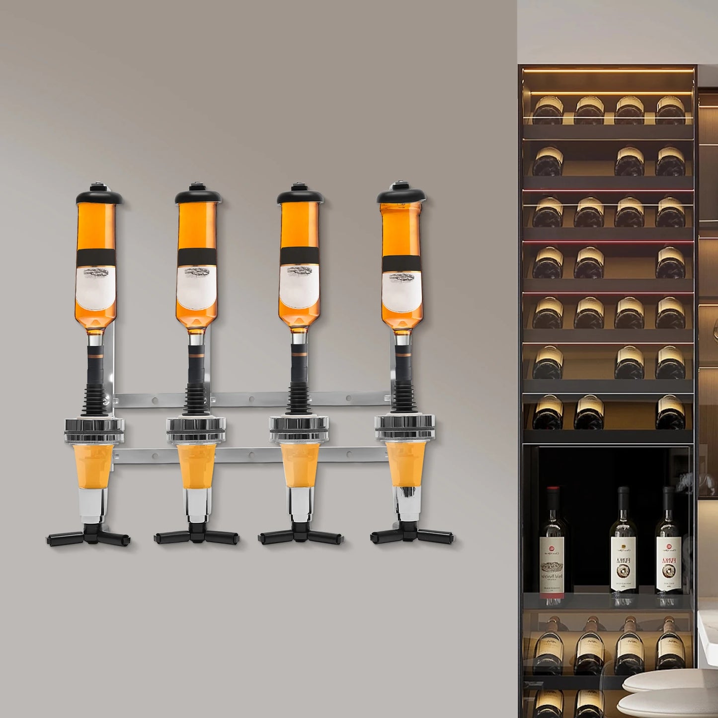 Wall Mounted 4 Bottle Dispenser Whiskey Rack Holder Wine Cocktail Shelf