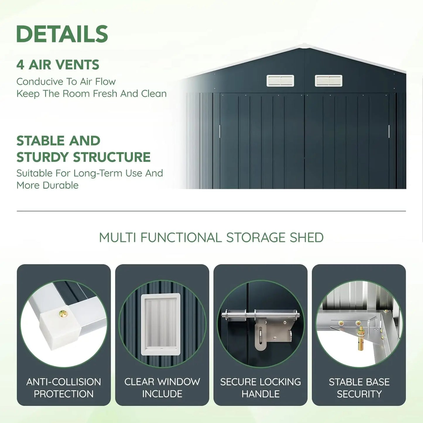 10X12 FT Outdoor Steel Storage Shed Lockable Doors Windows Roof Panels