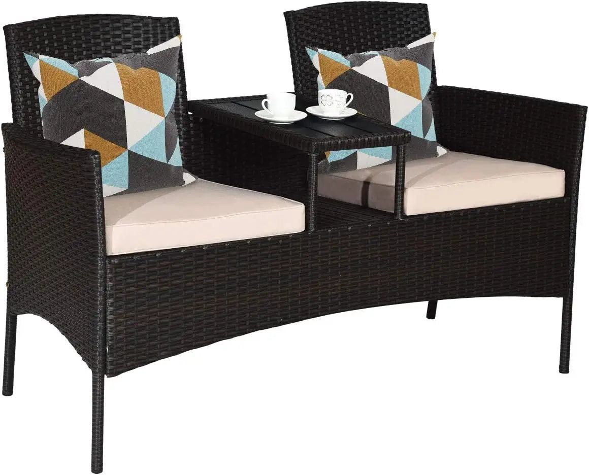 Garden Conversation Furniture Set Modern Rattan Bench with Cushions