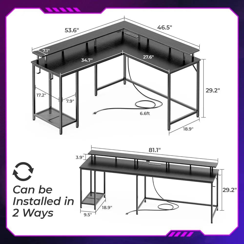 L Shaped Gaming Desk with LED Lights Power Outlets Modern Design