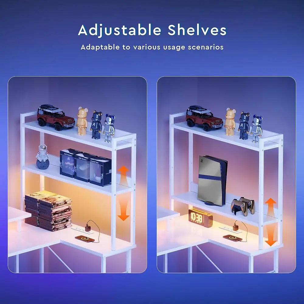 L Shaped Gaming Desk with Shelves LED Lights Charging Station Home Office