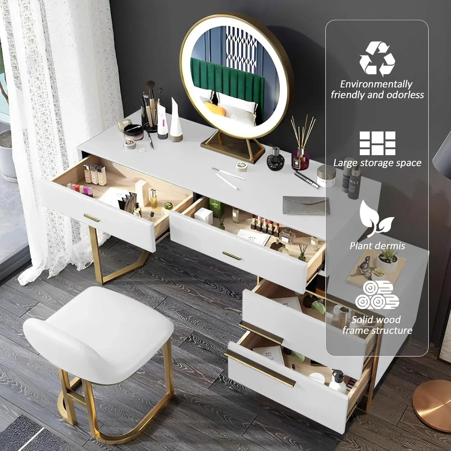 Makeup Vanity Set with Mirror and Lights Dresser Table 4 Drawer Stool