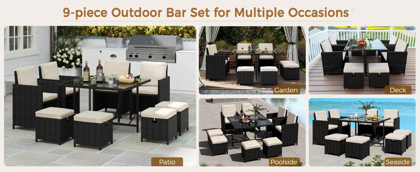 9-Piece Outdoor Rattan Dining Set Space Saving Wicker Furniture
