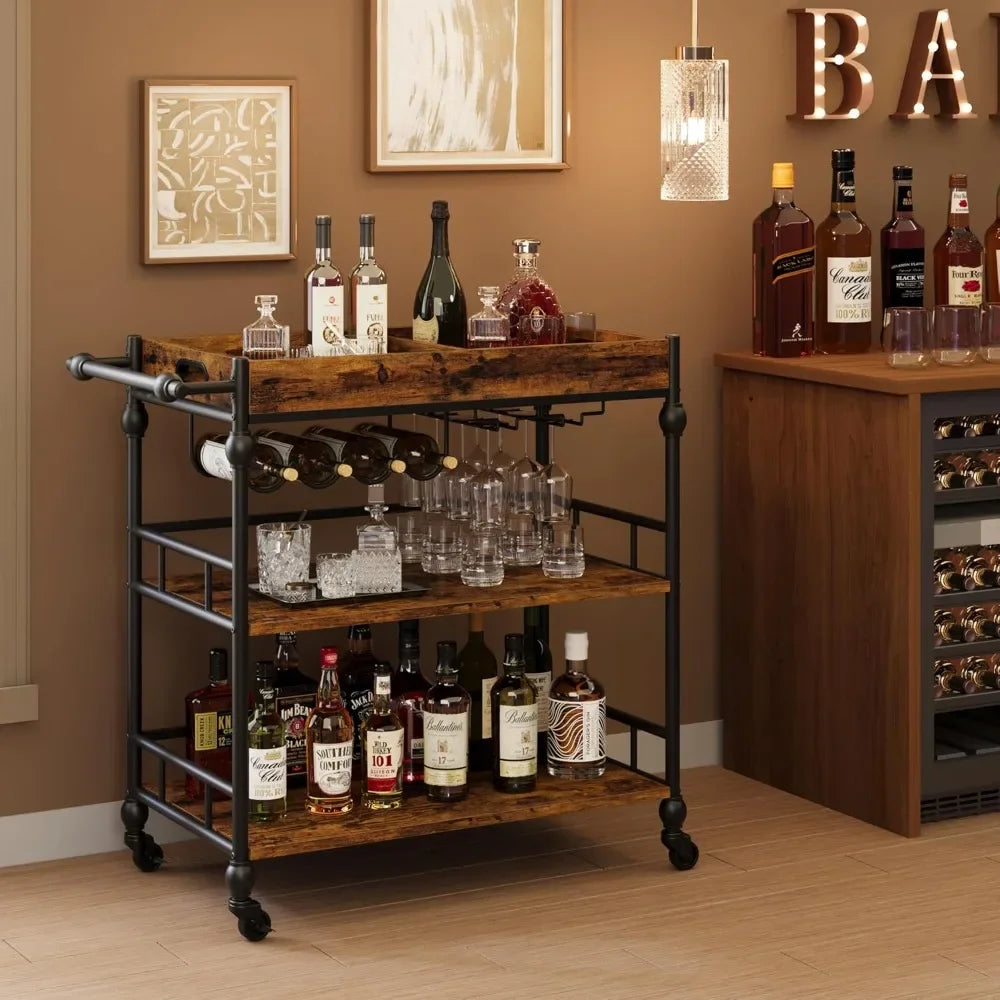 Ljustra 3 Tier Bar Cart with Wheels Wine Rack Industrial Serving Cart