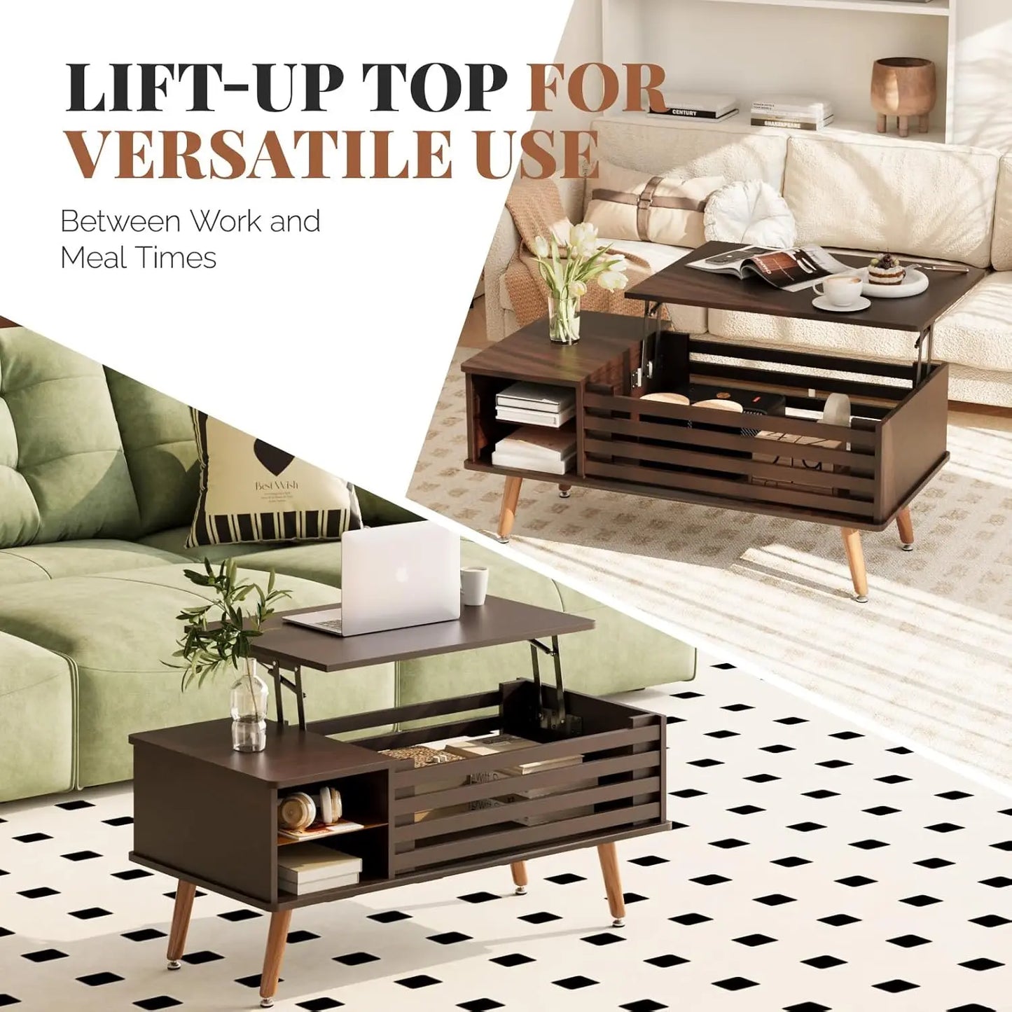 Lift Top Coffee Table with Storage Mid Century Modern Wooden Table